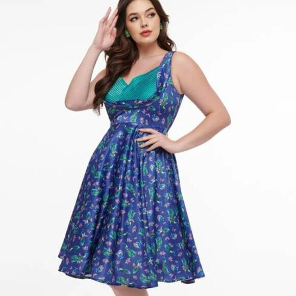 NEW DOLLY AND DOTTY Women's Grace Peacock Pleated Bust Dress Purple - Picture 2 of 11